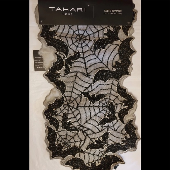 Tahari Beaded Halloween Bats Web Table Runner Centerpiece 14”x 54” Embroidered